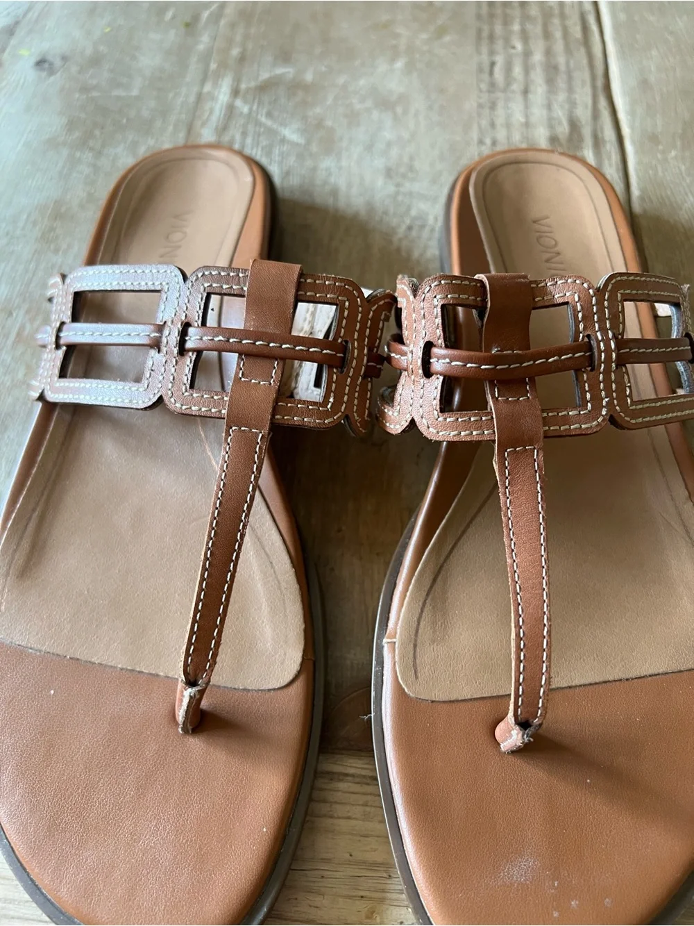 Vionic Tan Brown T-Strap Leather Slide Sandals - Picture 4 of 11